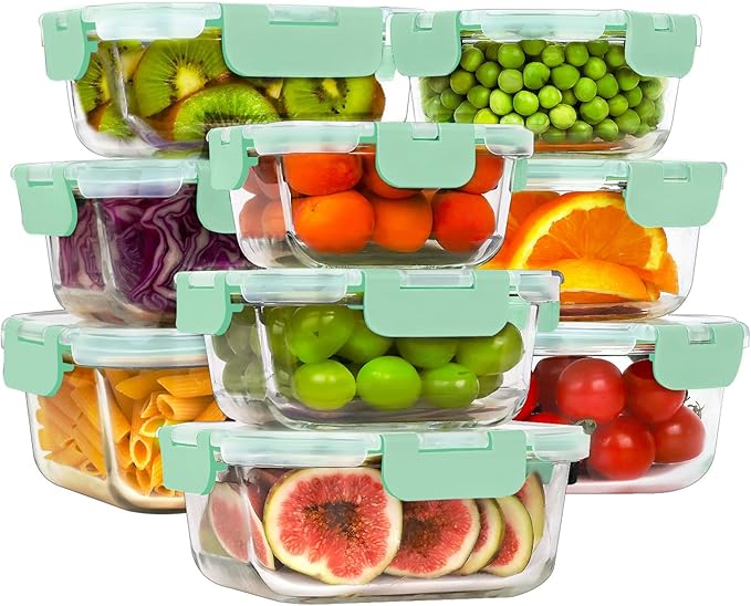 HOMBERKING Glass Food Storage Containers with Lids, [18 Piece] Glass Meal Prep Containers, Airtight Lunch Bento Boxes, BPA-Free & Leak Proof (9 lids & 9 Containers) - Blue