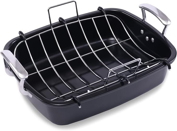 Uukrave Nonstick Turkey Roasting Pan with Rack - Large 18.5 x 14.6 Inch Heavy Duty Roaster for 25 lb Turkey or Chicken, Deep Oven Tray with U-Rack and Wide Handles, Non-Toxic, Black