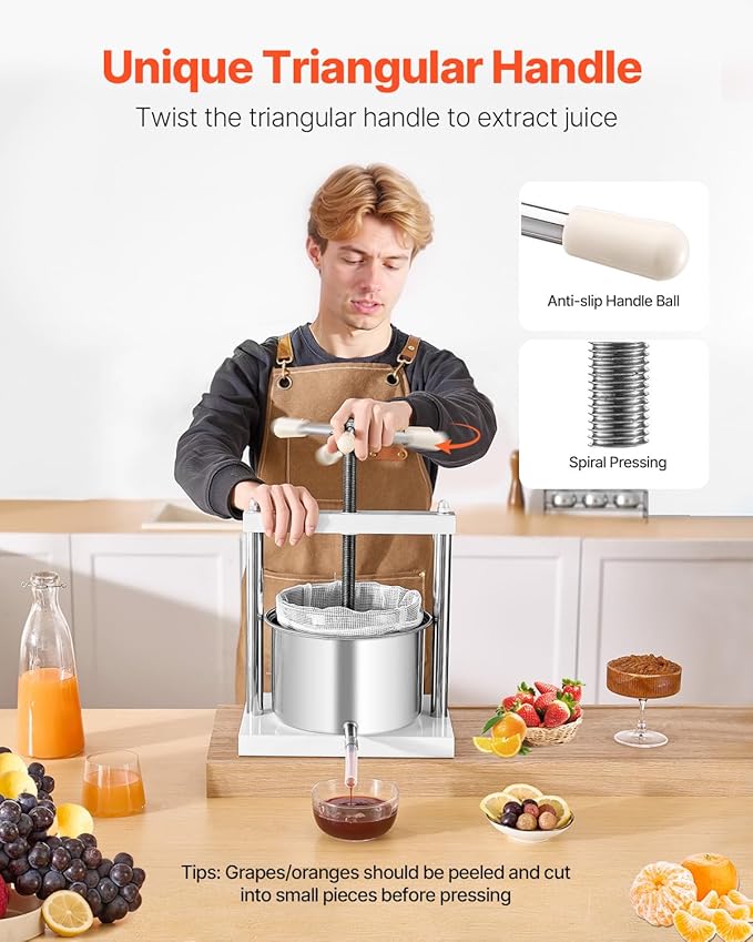 VEVOR 1.45 Gal/5L Fruit Wine Press, 2 Stainless Steel Barrels, Manual Juice Maker, Cider Apple Grape Tincture Honey Olive Oil Making Press with Triangular Handle for Outdoor Kitchen Home