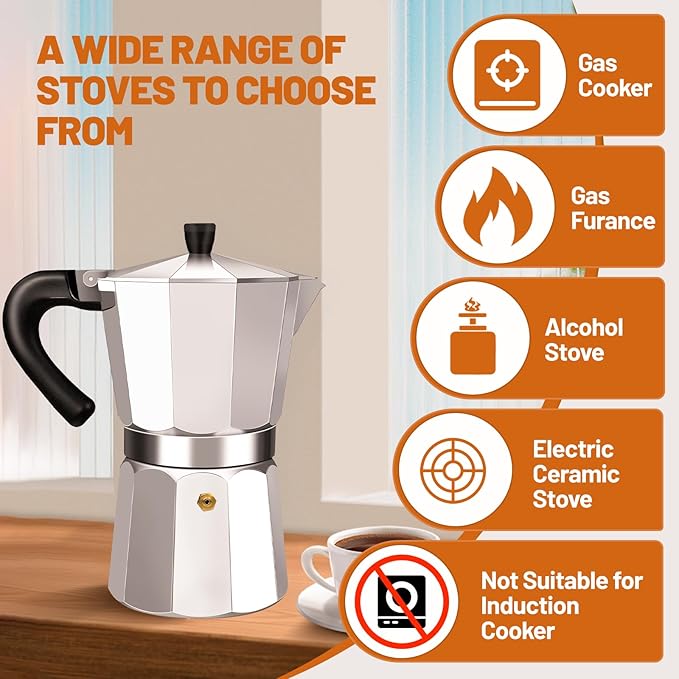 3 Cup Aluminum Espresso Stovetop Moka Pot Express Coffee Maker Percolator Italian Classic Mocha Coffee Machine for Italian and Cuban Cafe Brewing for Home & Camping 150ml 5oz