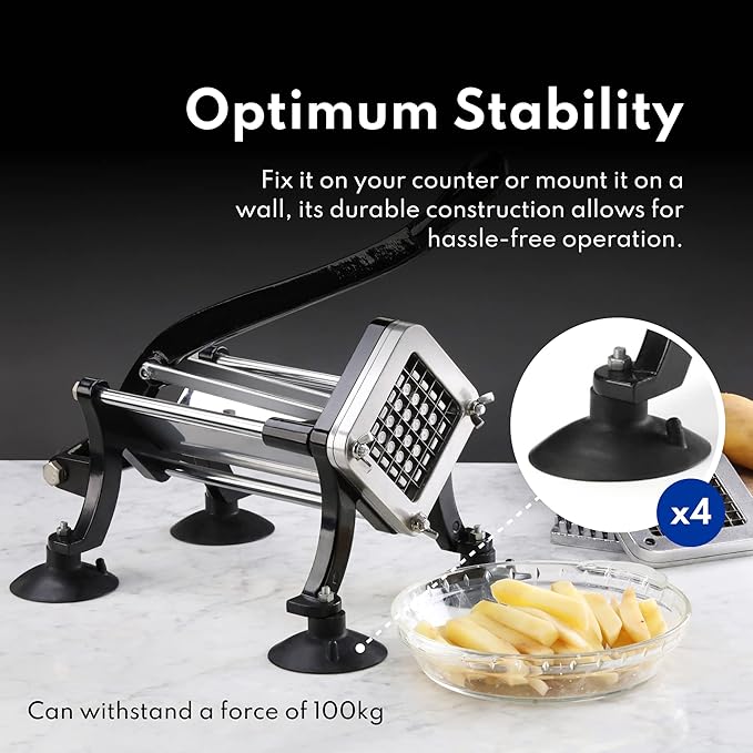 New Star Foodservice 43204 Commercial Grade French Fry Cutter with Suction Feet, 1/2 Inch and 3/8 Inch Blades, Limited Edition Black