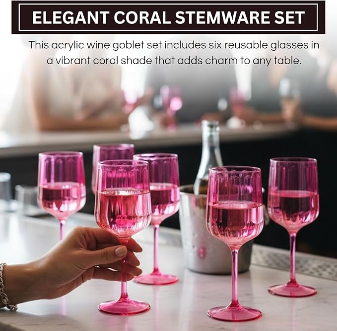 Khen Acrylic Lucia Stemmed Goblets - Unbreakable Wine Glasses Reusable Drinking Cups Dishwasher Safe Elegant Stemware for Cocktail Champagne | Kitchen Bar Party | Set of 6 |14oz | Coral