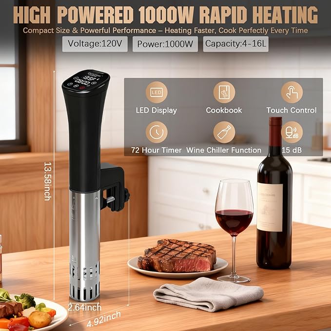 CATTLEMAN Sous Vide Cooker, Wine Chiller, 1000W, Immersion Circulator Sous Vide Machine, Suvee Cooker with Accurate Temperature & Timer, Fast Heating, Cookbook, Easy to Store, Home Kitchen Use