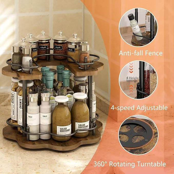 12" Wood Lazy Susan Rotating Spice Rack Spice Turntable Organizer for Kitchen Countertop Pantry and Cabinet Cupboard (B Style, 2 Tier)