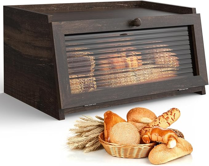 LOHASOK Bread Box for Kitchen Countertop Large Farmhouse Bread Container Bread Storage with Window Wooden Bread Holder