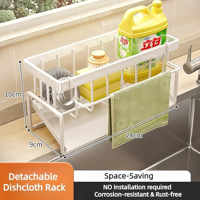 Stainless Steel Kitchen Sink Caddy, Sponge Holder Self Drain Soap Dish with Detachable Dishcloth Rack for Kitchen Countertop Organizer, White