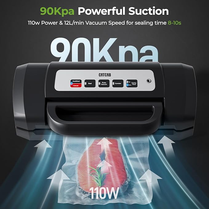 Vacuum Sealer for Food, 90kpa Powerful Food Sealer Vacuum Sealer Machine for Food Saver, 7-in-1 Multiple Modes for Dry/Moist, Easy-Lock Handle, Compact Design with 10 Vacuum Bags, Bag Cutter Included
