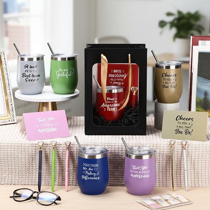 Patelai 30 Pcs 2026 Team Appreciation Gift Set for Team 12oz Stainless Steel Coffee Mug Christmas Cups with Lid and Straw Pens Card Gift Bags Set for Employees Party Supplies