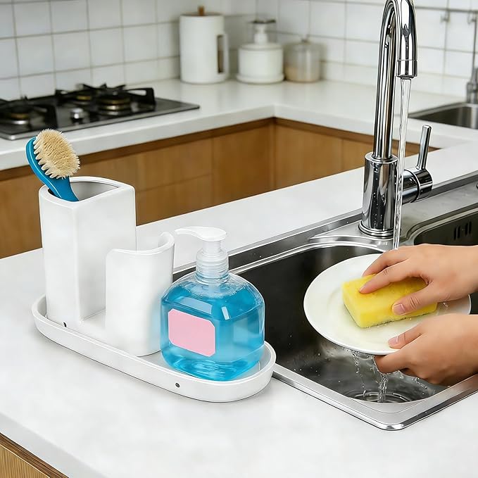 Ceramic Kitchen Sink Organizer Sponge Holder and Dish Brush Holder and Soap Tray for Kitchen Sink Organizer, White