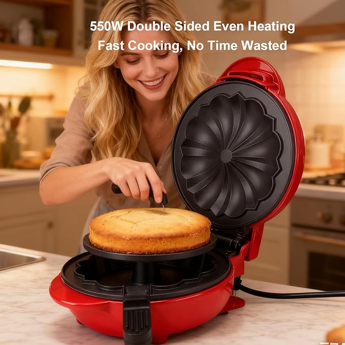 Diydeg Cake Maker Machine, 550W Double Sided Heating Non Stick Coating Donut Maker with Indicator Light, Electric Food Waffle Maker for Breakfast Snacks Desserts, Gift for Bakers (US Plug 110V)