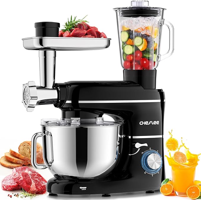 CHeflee Multifunctional Stand Mixer,660W, 6.5QT With Meat Grinder, Vegetable Slicer &1.5L Juice Blender,for Most Home Cooks,Black