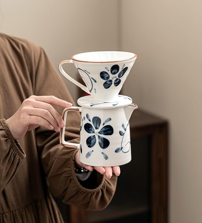 Pour Over Coffee Maker,Ceramic Coffee Maker With 40 pcs Paper Filter，15oz/450ml Pour Over Coffee Dripper (Blue and white, V02)