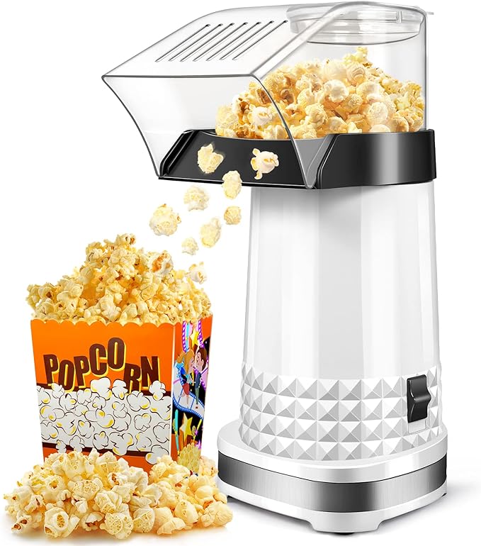 4.5 Quarts No Oil Electric Popcorn Machine with Measuring Cup + Melts Butter, Quick & Easy Hot Air Popcorn Popper Maker with On/Off Switch, Etl Certified, Air Popper for Movie Nights Parties(White)