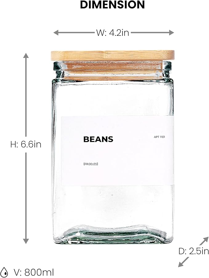 APT 1101 Glass Storage Jars with Bamboo Lid, glass canisters with airtight lids, Clear jars with lids for Spice, Cookie, Candy, Tea, Coffee Bean and Rice (White, Pantry Jar Set (26 oz, set of 6))