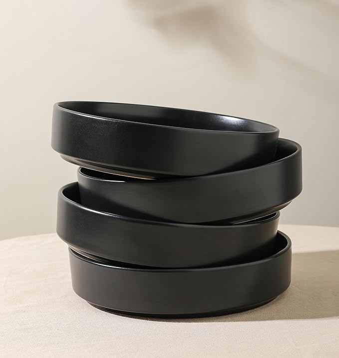 Stone Lain Celina Stoneware Bowl Set, 4-Piece Pasta Bowls for Kitchen, Ceramic Serving for Ramen, Fruit, Cereal, Dinner - Microwave & Dishwasher Safe, Black