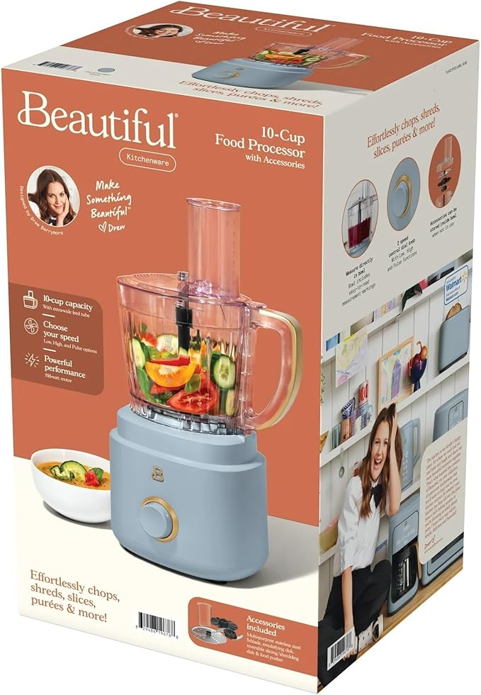 Beautiful by Drew Barrymore 10-Cup Food Processor, 500-Watts, Variable Speed, Pulse, 3" Wide Feed Tube, Stainless Steel Blades, Dishwasher Safe, Large Bowl, Accessories Included (Cornflower Blue)
