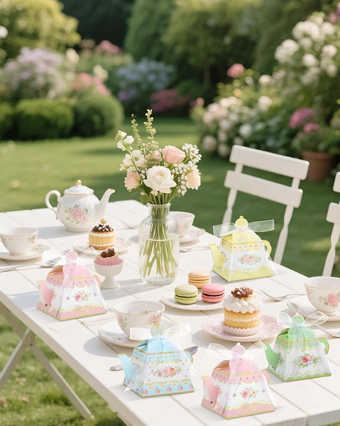 Liobelon 24 PCS Floral Tea Party Favor Gift Boxes Teapot Candy Boxes Vintage Flower Treat Boxes Mini Teapot Favor Boxes with Ribbon for Tea Garden Wedding Bridal Birthday Baby Shower Party Supplies