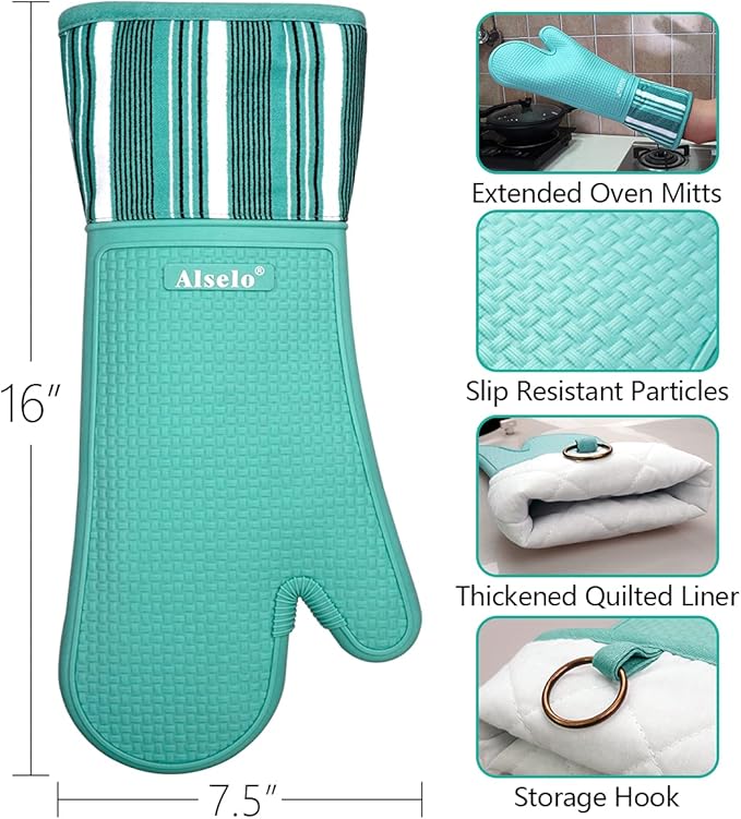 Alselo Silicone Oven Mitts Heat Resistant 550 Degree Extra Long Kitchen Gloves Pot Holders with Waterproof and Non-Silp for Baking Cooking Barbecue Microwave Machine Washable (Extra Long Blue, 2)