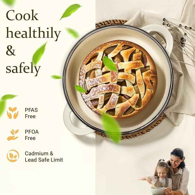 Overmont Enameled Cast Iron Dutch Oven - 5.5QT Pot with Lid Cookbook & Cotton Potholders - Heavy-Duty Cookware for Braising, Stews, Roasting, Bread Baking Cream White