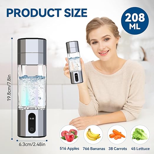 Hydrogen Water Bottle Generator, Portable Rechargeable Ionizer Machine with SPE/PEM Technology, Certified H2 Athletic Hydration, Health Care Gift for Family/Friends/Husband/Wife (Silver, 208ml)