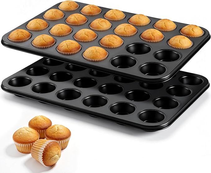 P&P CHEF 24-Cup Mini Muffin Pan Tin, Nonstick Carbon Steel Cupcake Pans, Versatile Bakeware Ideal for Mini Muffin Cupcake Egg Tart Pudding, Oven Safe & Even Bake, Healthy & Easy Clean, Black, 2Pcs