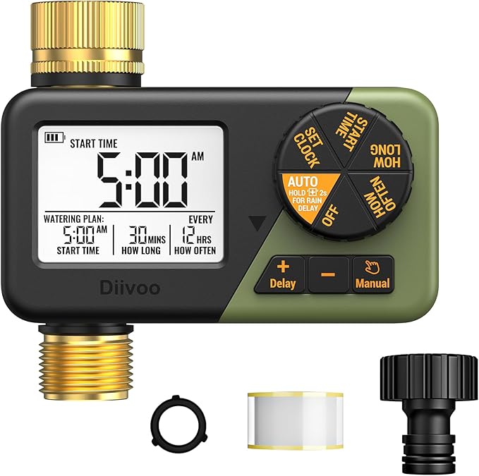 Diivoo IP66 Waterproof Brass Hose Timer, Programmable Sprinkler Timer with Large Display, Rain Delay & Manual Mode – Outdoor Automatic Irrigation System for Garden, Lawn & Yard