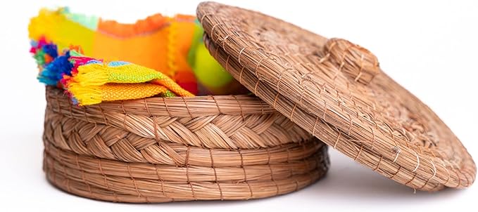 Authentic Mexican Tortilla Warmer Basket - Pine Needle Handwoven with Handloomed Cloth (Natural 8" w cloth)