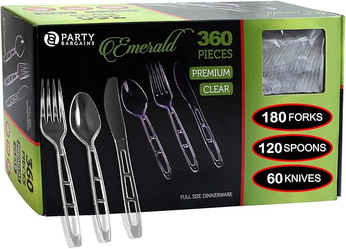 Party Bargains Emerald Clear Plastic Silverware 360 pcs Set: 180 Forks, 120 Spoons, 60 Knives. Heavy Duty Elegant Cutlery Disposable Utensils Combo Pack Fundraising, Catering, Galas, Cocktail Parties
