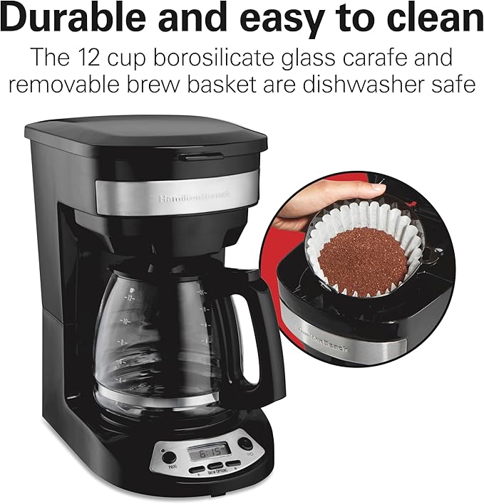 Hamilton Beach 12 Cup Programmable Drip Coffee Maker Machine, Regular & Bold Brew Options, Auto Pause and Pour, Glass Carafe, Black with Stainless Accents (46299J)