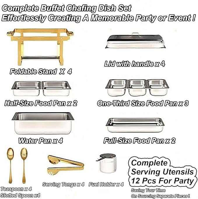 4 Pack Stainless Steel Chafing Dishes for Buffet, 9 QT Capacity 7 Pans Food Warmers for Parties, Weddings, Events Hosting, Family Gatherings, Full Set Catering Server with Serving Utensils Accessories