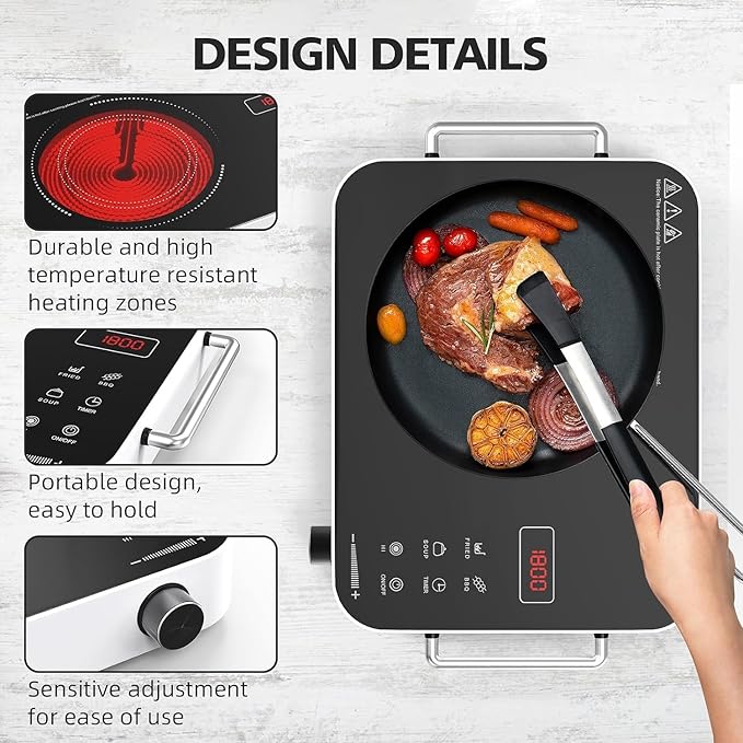 Electric Cooktop 110v, Portable Electric Stove 1800W Infrared Hot Plate, Nafewin Single Burner Cooktop Countertop with Handle, 4-Hours Timing Setting, Compatible for All Cookwares
