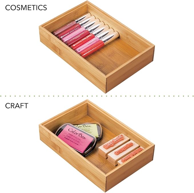 mDesign Bamboo Kitchen Cabinet Drawer Organizer Stackable Tray Bin - Eco-Friendly, Multipurpose - Use in Drawers, on Countertops, Shelves or in Pantry - 9" Long, 4 Pack - Natural Wood Finish