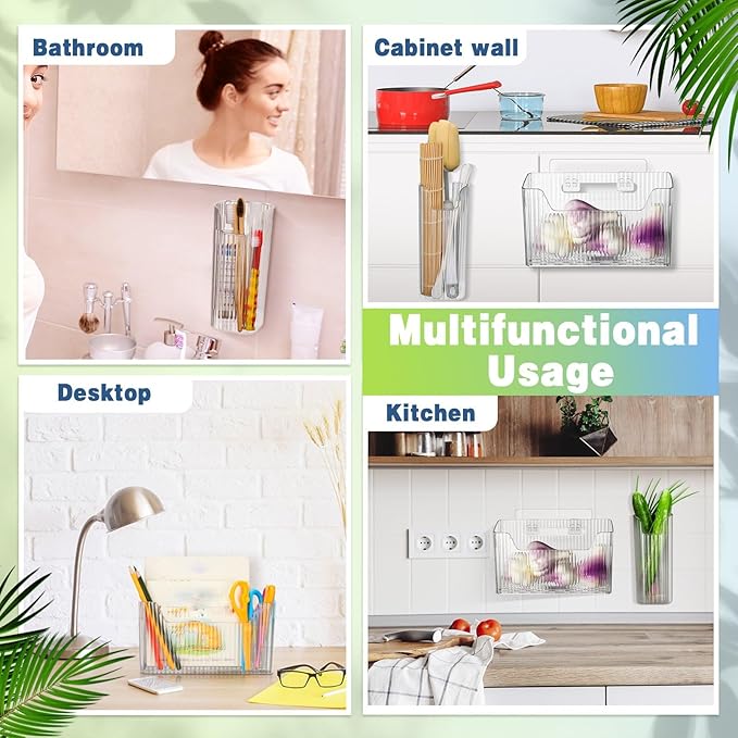 8 Pcs Storage Organizer Bins Wall Mounted Organizer Basket Plastic Cabinet Door Bins Stackable Hanging Baskets for Organizing for Wall Refrigerator Kitchen Bathroom Pantry(3.35'',White)
