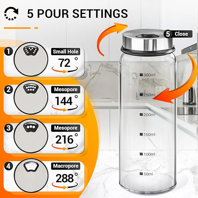 Segarty 10oz Glass Spice Jar with Adjustable Pour Holes Scale Lines, 1 Pack Empty Seasoning Bottle with Shaker Lid for Pepper Sugar, Large Spices Container with 8 Stickers, 1 Brush and 1 Chalk Marker
