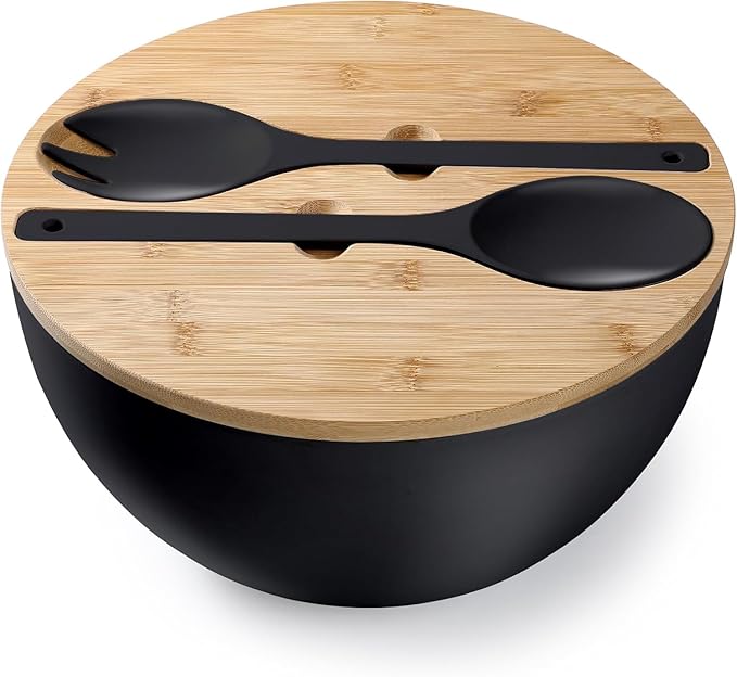 12.6" Extra Large Salad Bowl with Lid, 8.4QT Nature Bamboo Fiber Mixing and Serving Bowl with Lid, Spoon and Fork for Fruits,Salads and Vegetables (Black)