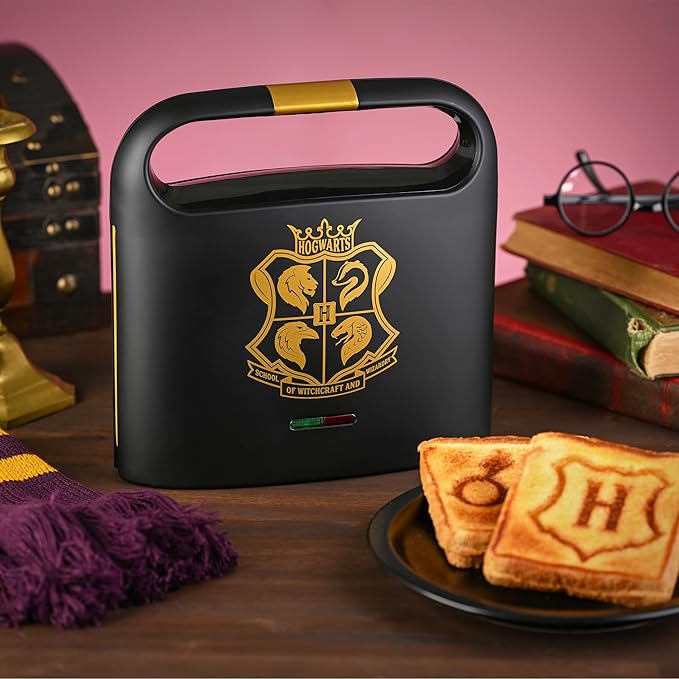 Warner Brothers Harry Potter Dual Sandwich Maker by Select Brands - Ceramic Coated Cooking Plates - Imprints Hogwarts Crest and Harry Potter Glasses on Toasted Sandwiches, Black and Gold, WBH-100SM