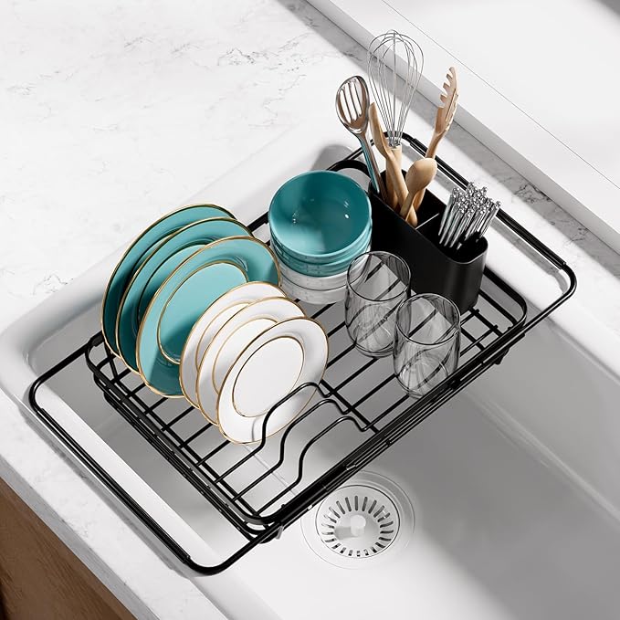 Sakugi Dish Drying Rack in Sink - Expandable Stainless Steel Dish Rack Over The Sink, Kitchen Sink Drain Strainer with Cutlery Holder & Cup Holders, 15.2 x 10.0 x 4.2 Inch, Black