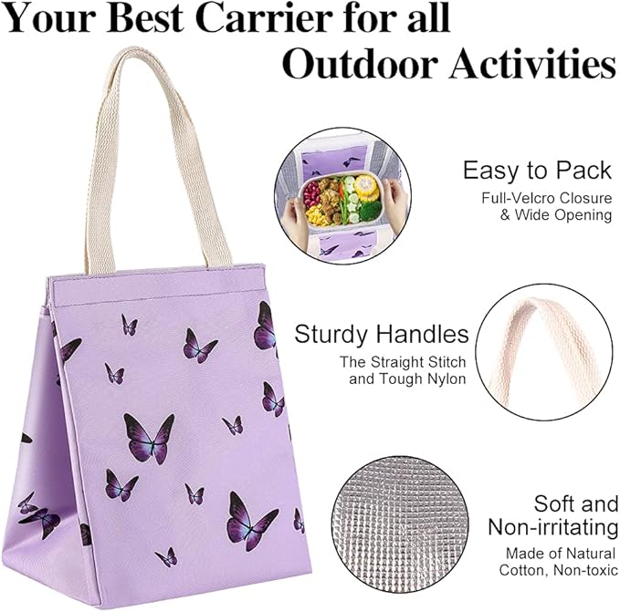 iknoe Insulated Lunch Bag for Women, 9L Durable Wide-Open Foldable & Portable Lunch Tote with Interior Pockets, Water-resistant Thermal Lunch Cooler for Adults Picnic Beach (Purple Butterfly)