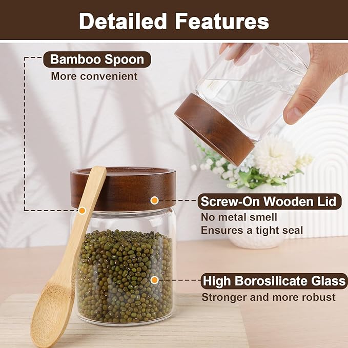 11oz Glass Jar with Wood Lid, 2 Pack 320ml Glass Canister with Airtight Lids, Wooden Screw Top Coffee Jars Clear Kitchen Pantry Containers for Sugar, Tea, Overnight Oats, Bean, Candy, Cookie