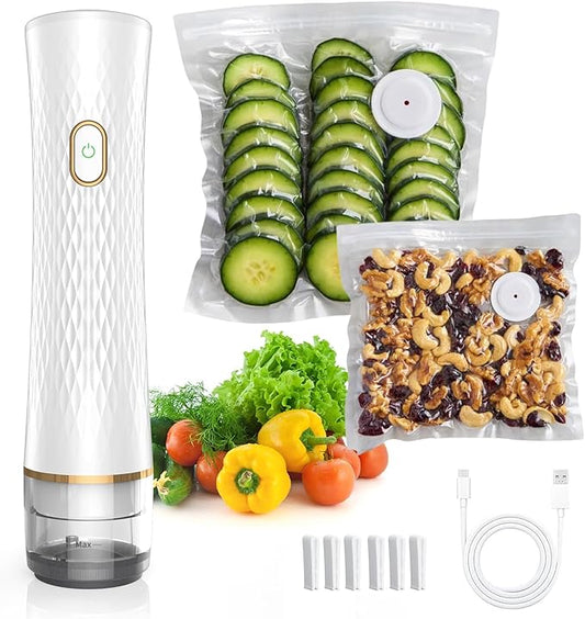 Handheld Vacuum Sealer for Food (Vacuum Sealer + 30 Reusable Bags) – Powerful Compact Food Sealer, Portable Vacuum Sealer for Kitchen, 10X Fresh Logner Seal Meal Saver