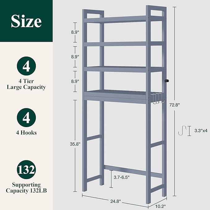 Smiry Over The Toilet Storage Cabinet, 4-Tier Bamboo Bathroom Organizers with Adjustable Shelf & 4 Hooks, Space Saving Shelf Rack for Bathrooms, Laundry Room, Balcony, Grey