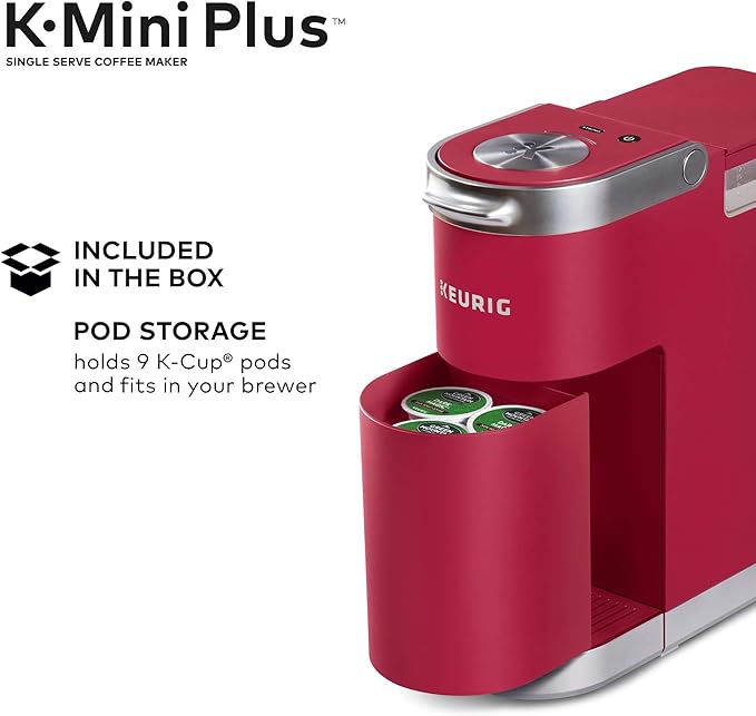 Keurig K-Mini Plus Maker Single Serve K-Cup Pod Coffee Brewer, Comes with 6 to 12 Oz. Brew Size, Storage, and Travel Mug Friendly, Cardinal Red (Renewed)