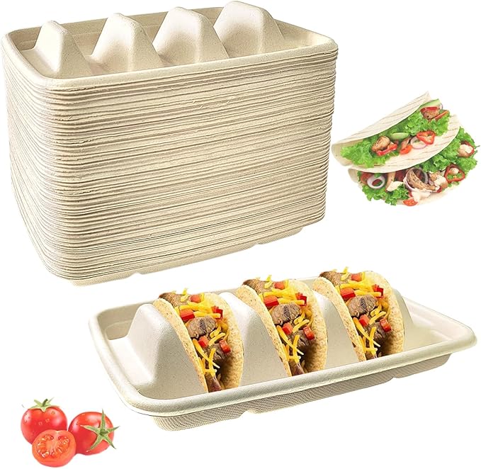 50PCS Disposable Taco Holder for Party，Disposable Taco Plates with 3 Dividers Disposable Taco Holders for Party, Taco Tray Holder, Pulp Fiber Plates Disposable for Taco Tuesday Lazy Susan Taco Bar
