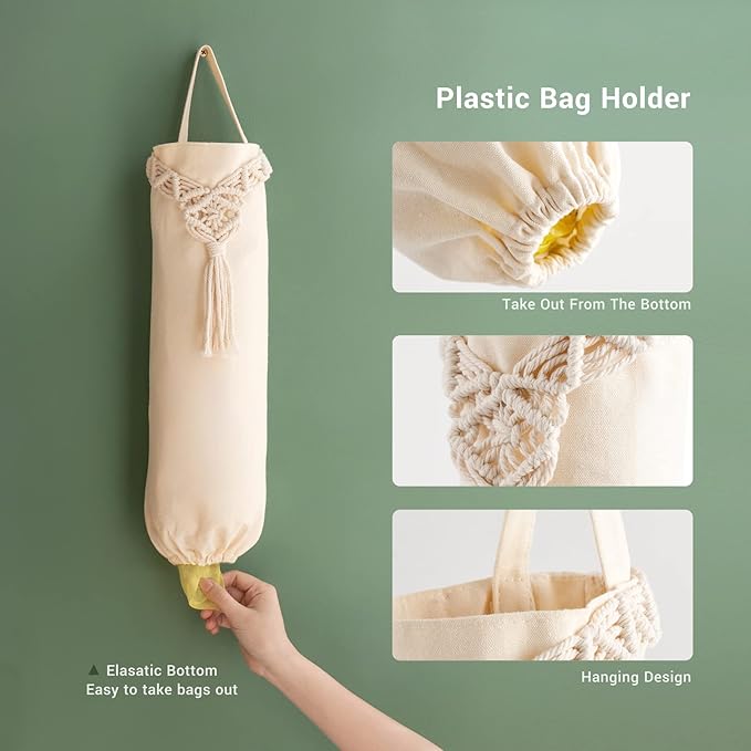 Mkono 2 Pack Macrame Plastic Bag Holder Grocery Bags Organizer Trash Bag Dispenser Camper Boho Decor Shopping Bag Storage for Kitchen Closet Pantry Laundry Room, Ivory, 9”W x 21”L