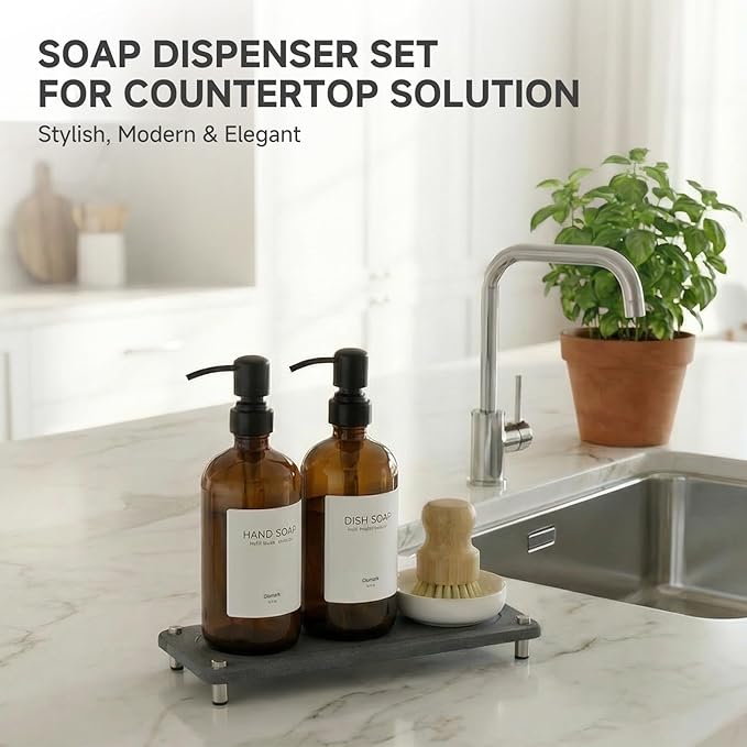 2 Pack Kitchen Soap Dispenser Set - 16oz Amber Glass Dish and Hand Soap Dispenser with Stainless Steel Pump, Instant Dry Tray, Dish Brush & Holder, Refillable Countertop Sink Decor for Kitchen & Bath