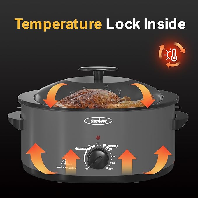 8 Quart Roaster Oven with Self-Basting Lid, with Removable Roasting Rack, Turkey Defrost & Warm Function, Adjustable Temperature for Use as a Slow Cooker, Stainless Steel, Grey