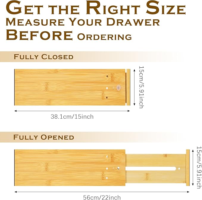DoubleFill 4 Pcs Deep Bamboo Drawer Dividers, Deep Kitchen Dresser Drawer Organizer with Spring Loaded for Clothes, Adjustable Expandable from 15-22 Inch (Wood Color,6 Inch)