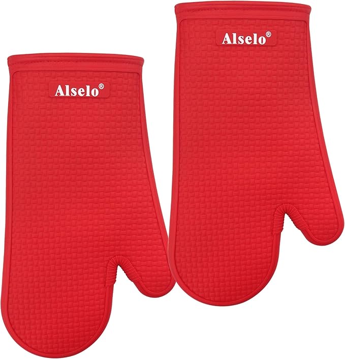 Alselo Oven Mitts Heat Resistant Silicone Kitchen Gloves for 550 Degrees with Waterproof and Non-Silp, Set of 2 Oven Gloves for Baking Cooking Barbecue Microwave Machine Washable (Red, 2)