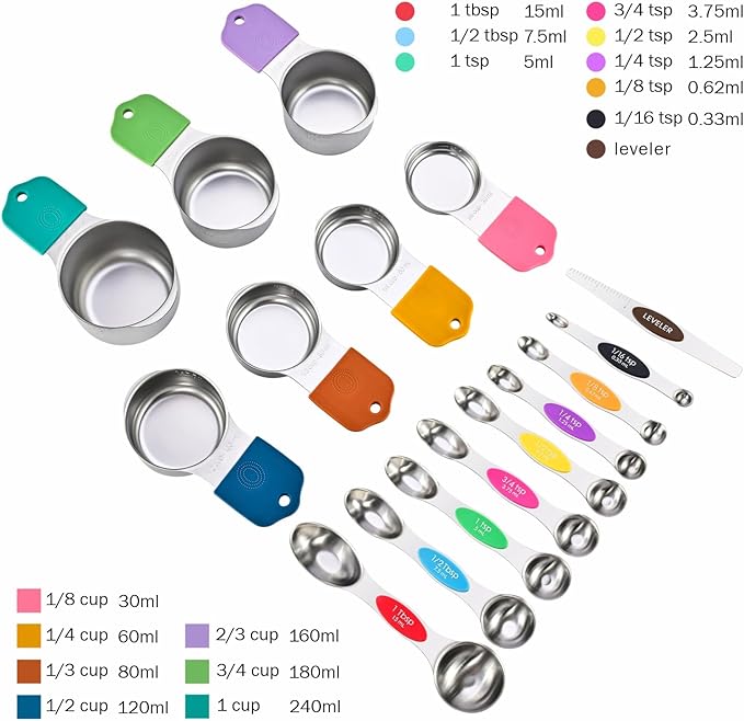 16-Piece Magnetic Measuring Cups and Spoons Set, Stainless Steel with Non-Slip Silicone Handles and Leveler, Essential Kitchen Baking Tools (Multicolor)