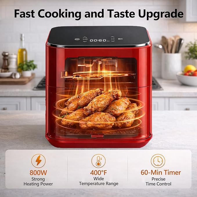 Simple Deluxe 8-in-1 Air Fryer 3 Qt, Digital Preset Airfryer with Overheat Protection and Auto Shut-Off, Nonstick and Dishwasher-Safe Basket for Fries, Bake, Roast, 60-Min Timer, Max 400°F, 800W, Red